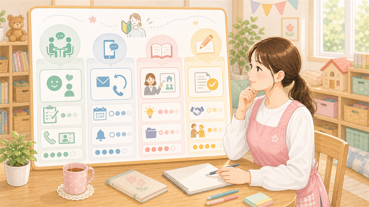 初めて保育士転職サイトを使うタイプの比較軸の内容を整理した保育士向けイラスト