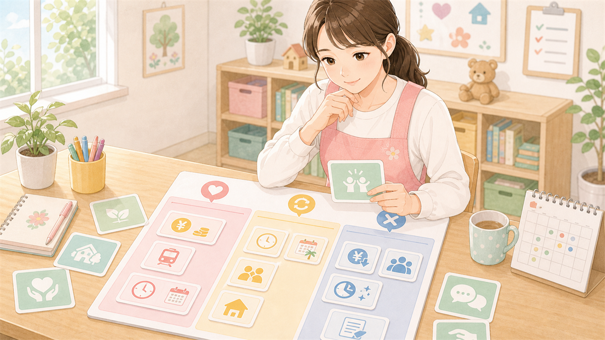 希望条件を整理したい保育士の転職サイト比較軸の内容を整理した保育士向けイラスト
