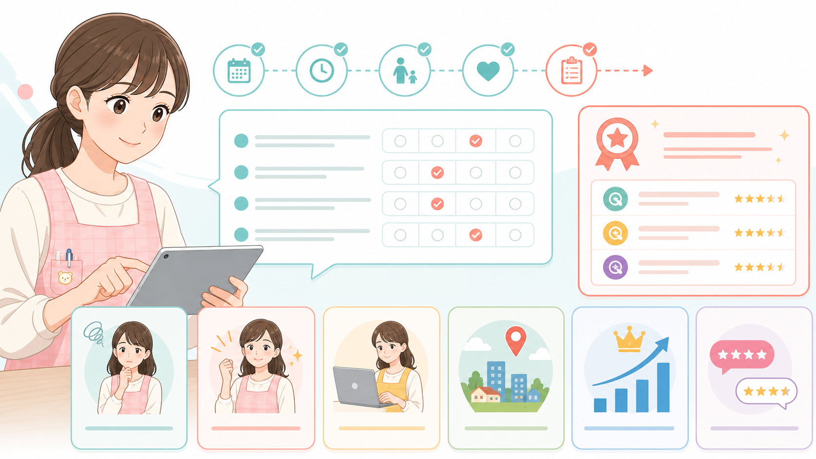 保育士が診断画面で求人サービスの比較軸を整理しているイラスト